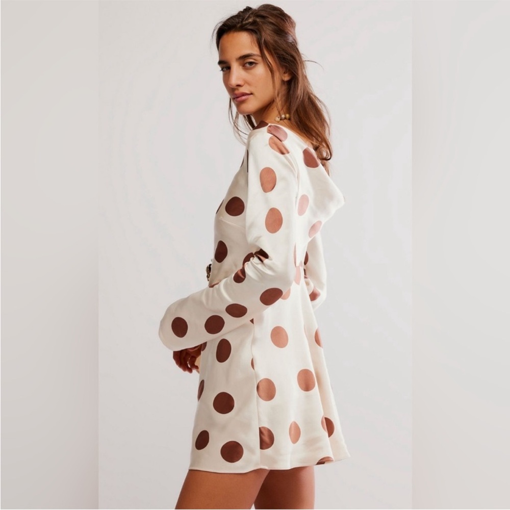 Free People Dress Tigre Printed Mini Satin in Tea Combo Polka Dot Brown Cream - Picture 2 of 11
